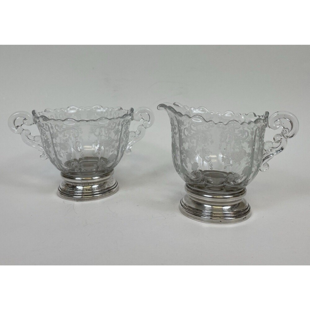 Sterling Silver Base Etched Glass Creamer & Open Sugar Bowl Chantilly Lace Set